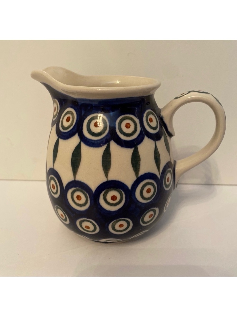 POLISH POTTERY PITCHER BLUE WHITE CREAMER HANDMADE 4.5”H HOME COFFEE ACCESSORY